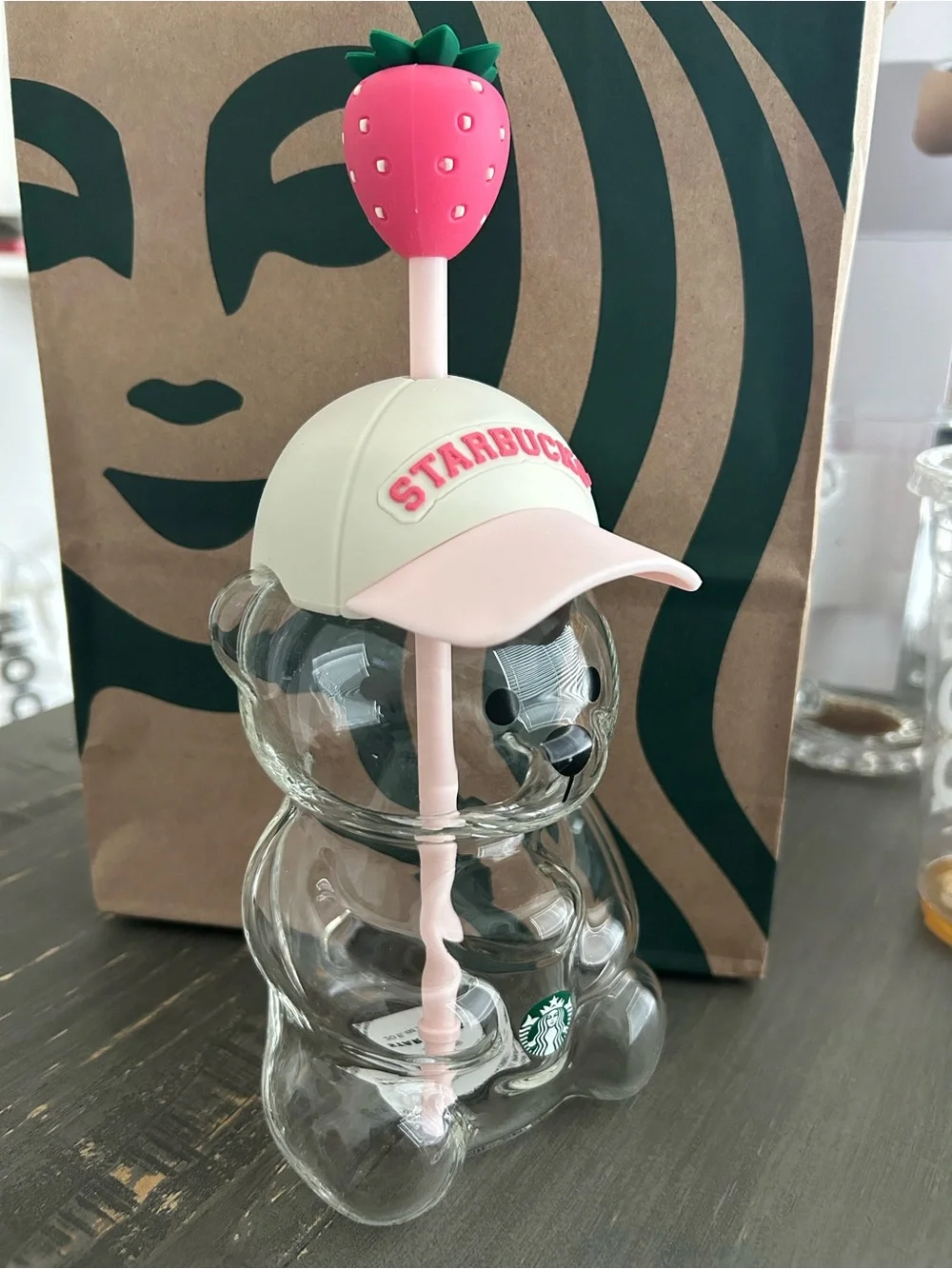 Starbucks Kids Clear Bear Cup with Pink Strawberry Straw and White Cap